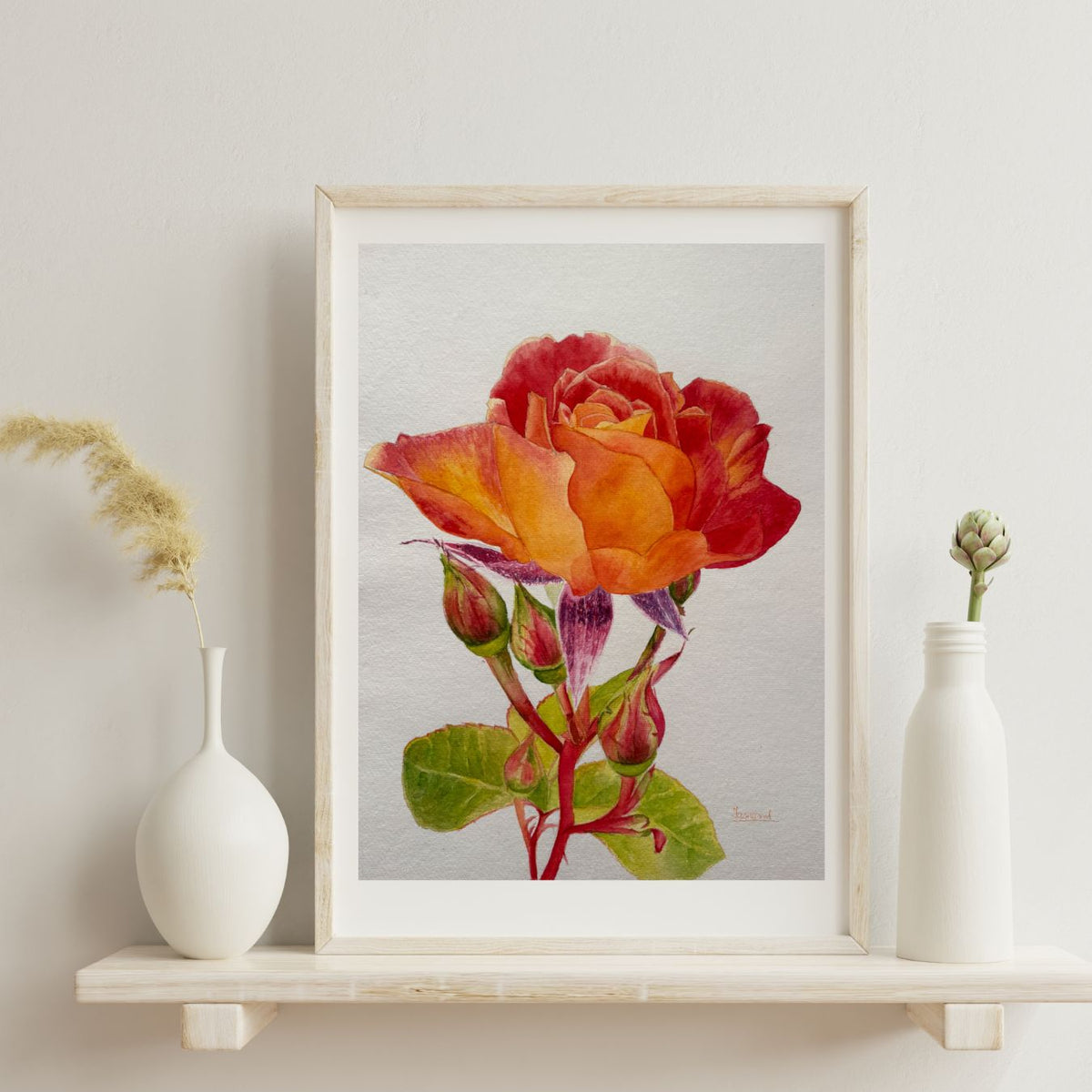 Rising Through The Fire | Orange and Red Rose Watercolor Art Print, Limited Edition Giclée