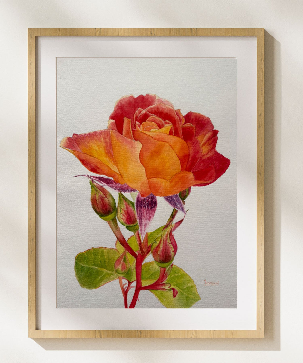 Rising Through The Fire | Orange and Red Rose Watercolor Art Print, Limited Edition Giclée