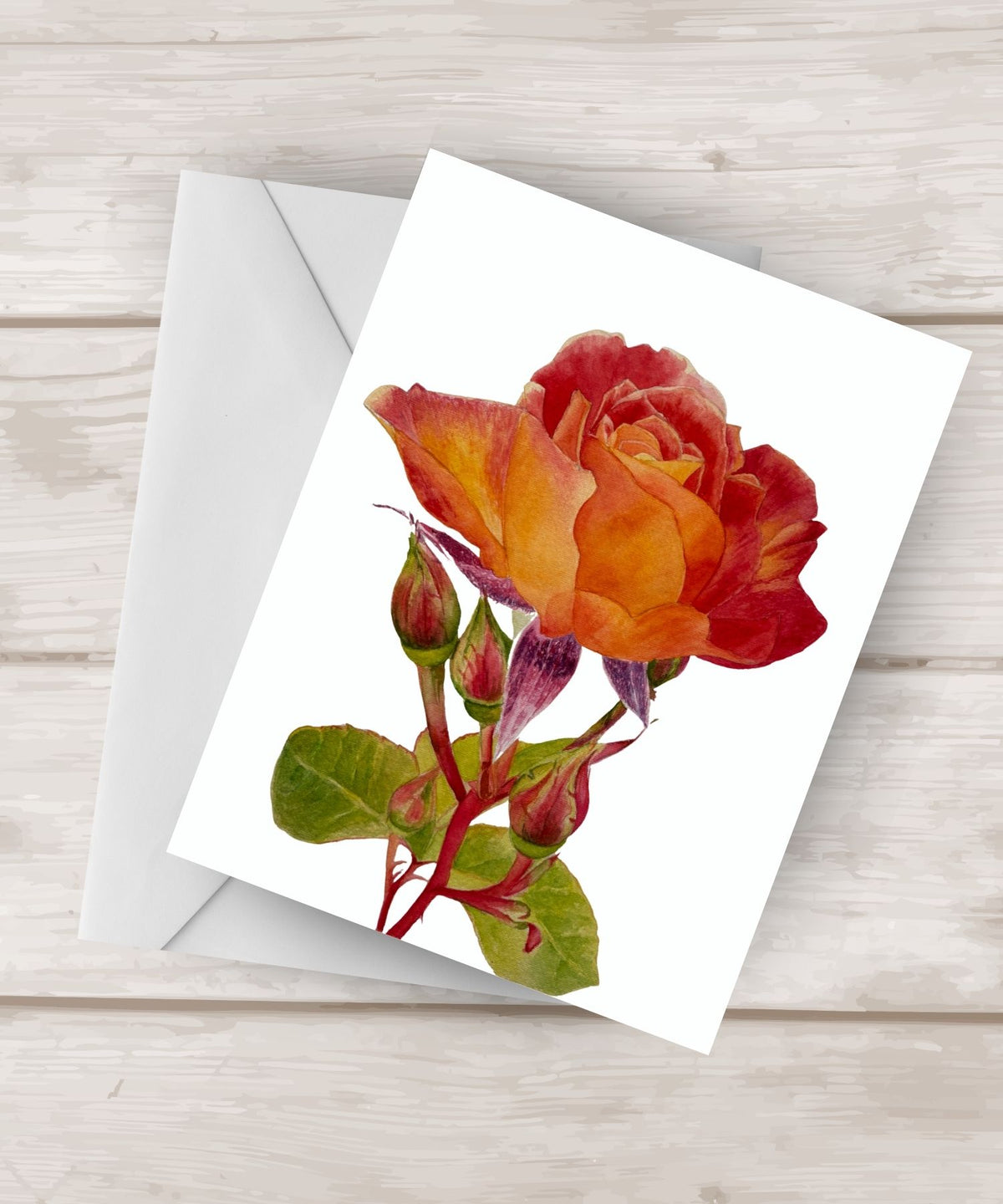 Blank Notecards |Rising Through The Fire |  Watercolor Painting of A Red and Yellow Rose| 4.25″x 5.5″