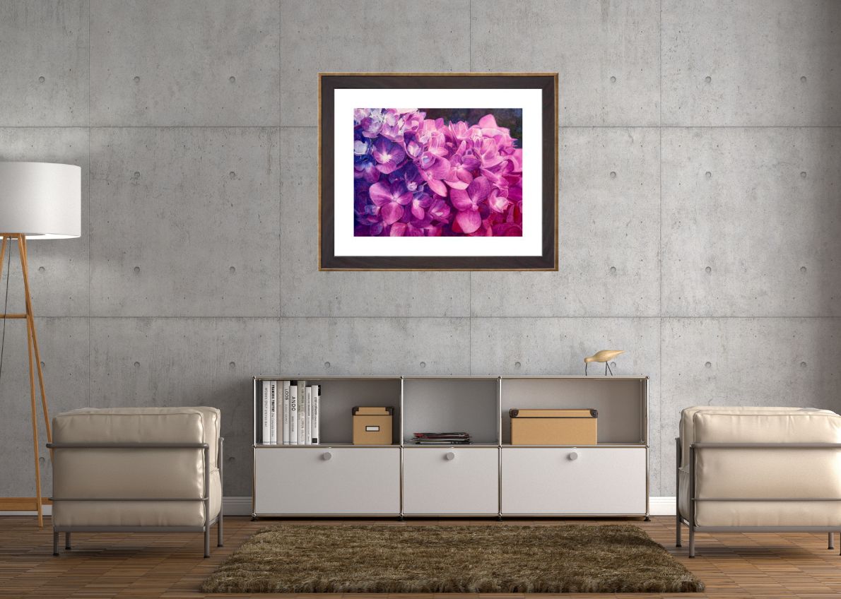 living room with Original Watercolor Painting of hydrangea
