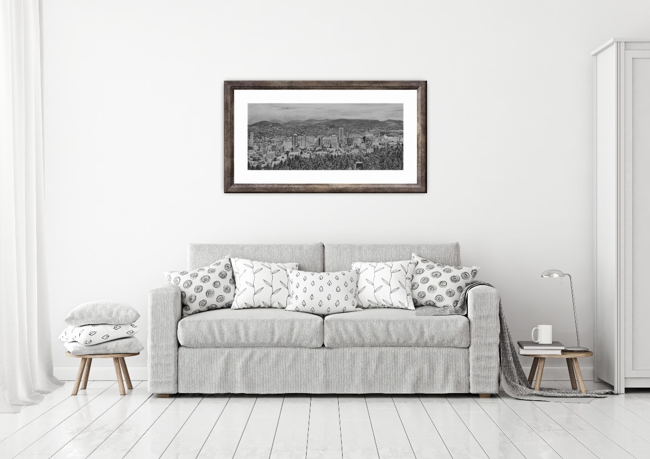 living room with Original Black & White Pencil Drawing of Portland