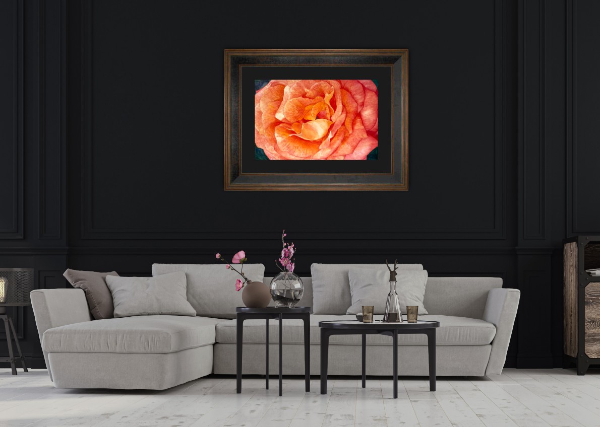 living room with an Original Watercolor Painting of a Rose.