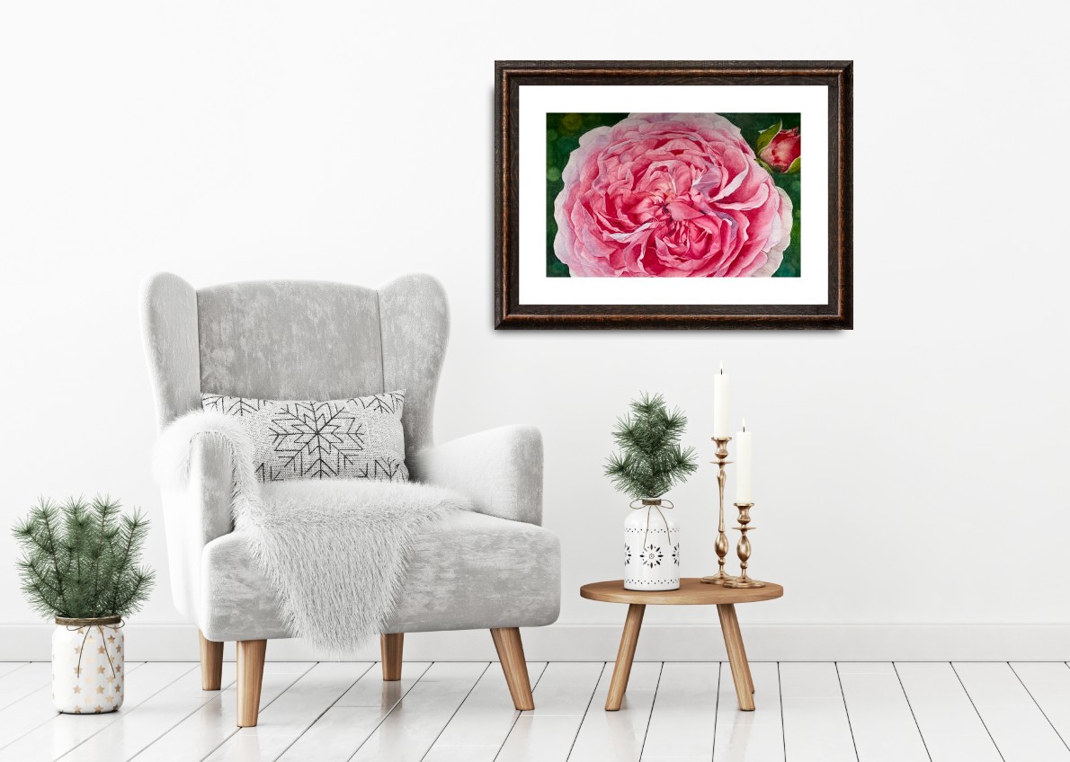 A chair with Original Watercolor Painting Pink rose and a rose bud.