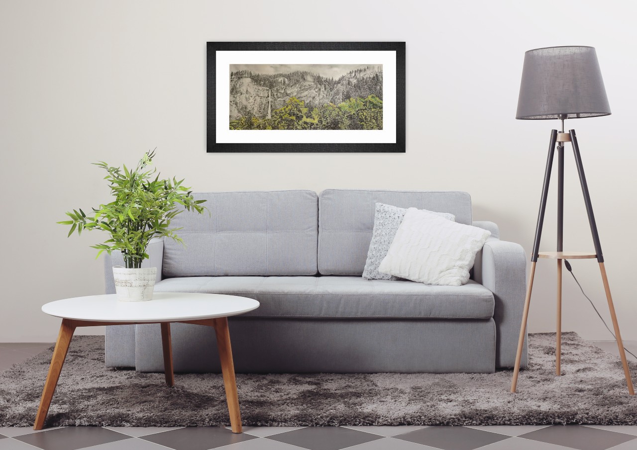 living room with Drawing of Mountains and Waterfall, Multnomah Falls 9”x21”