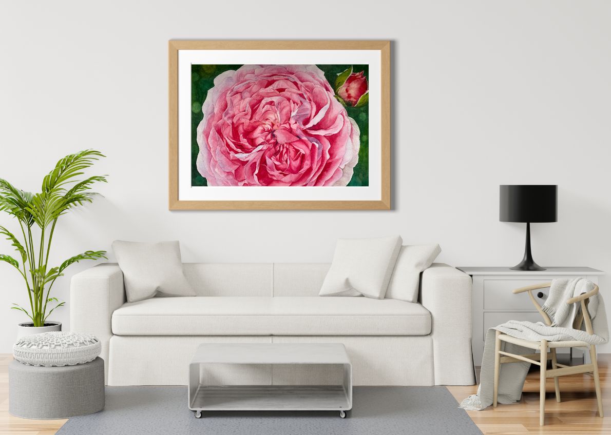 A soft pink rose and bud, painted with tenderness and grace.